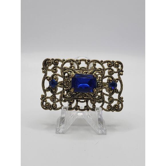 Vintage Jewelry - Vintage Gold Tone Filigree Brooch Blue Glass Stone Art Nouveau Style